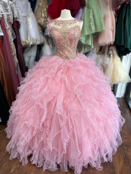 Quinceanera Collection style #26835 in pink with gold in size 12